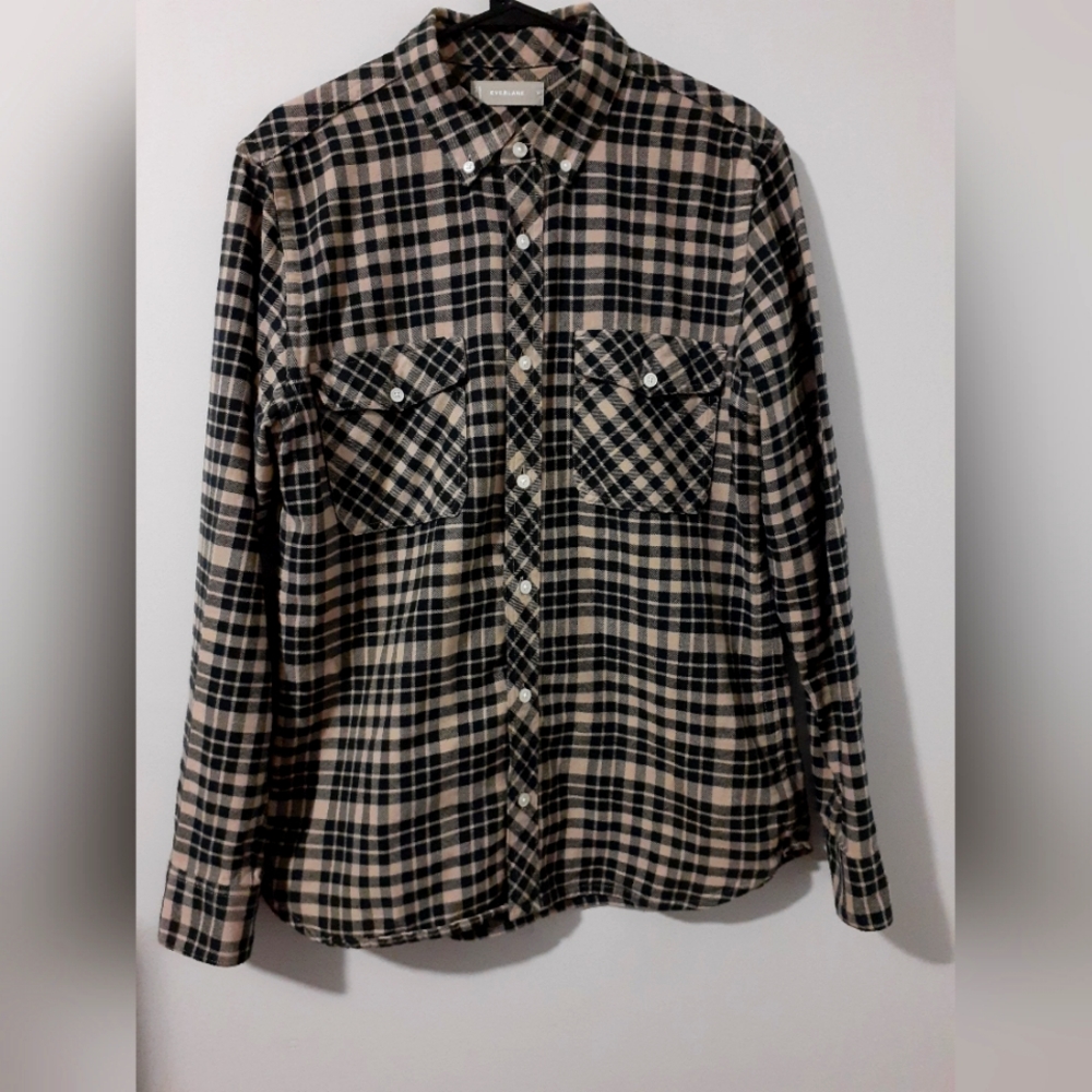 EVERLANE Black Plaid Brushed Flannel Shirt Jacket Shacket Mens Size Medium